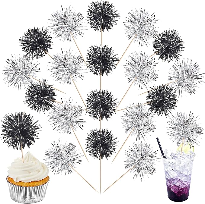 40 PCS Foil Firework Cupcake Toppers Sparkle Tinsel Cupcakae Picks Foil Firework Party Decorations Cocktail Fruit Toothpick for Fireworks Theme Birthday Wedding Graduation Party Decor Black Silver