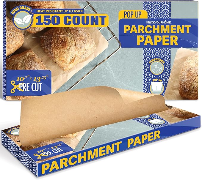 Stock Your Home 150 Ct Unbleached Parchment Paper Sheets, Pop Up Parchment Paper Sheets for Baking, Air fryer Sheets & Oven Liners FOr cookies, Bread, meat, Pizza (10.7?�x13.75??