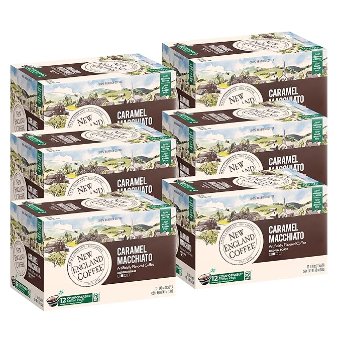 New England Coffee Caramel Macchiato Medium Roast Single Serve Pods, 12ct Box (Pack of 6)