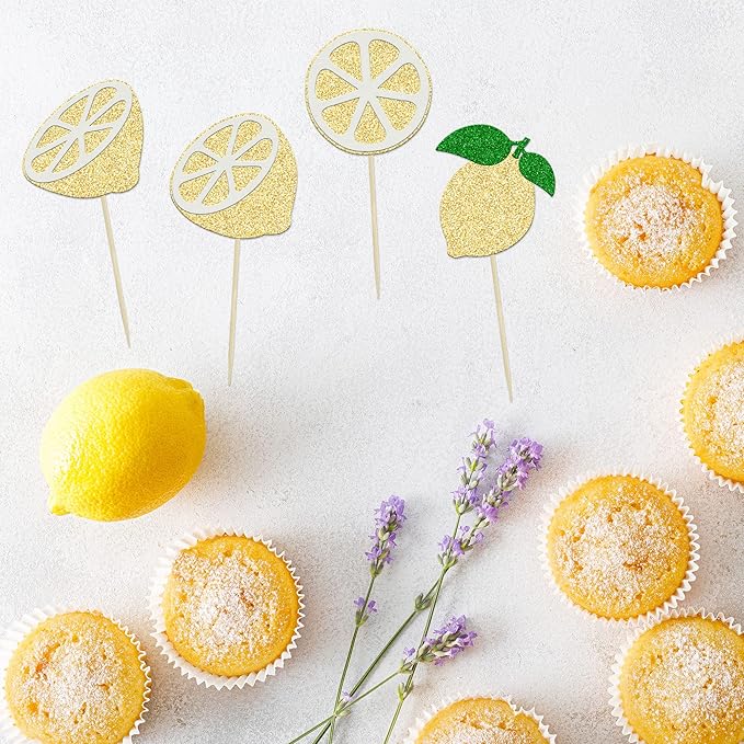 24Pcs Lemon Cupcake Toppers Glitter Flower Ring Fruit Bridal Shower Cupcake Picks for Lemonade Engagament Party Baby Shower Birthday Party Cake Decorations Supplies