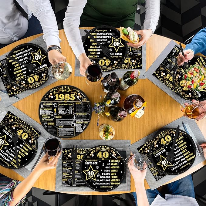 96Pcs 40th Birthday Plates and Napkins Back in 1985 Party Decorations Black Gold 40 Year Old Dessert Plates 1985 Birthday Cheers to 40 Years Theme Tableware Set for 24 Guests Men Women Party Supplies