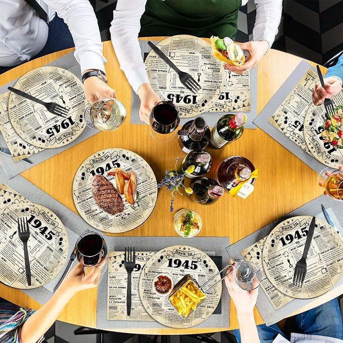 96Pcs Back in 1945 Birthday Plates and Napkins 80th Party Decorations Vintage 80 Year Old Party Dessert Plates 1945 Tableware for 24 Guests 80th Theme Men Women Birthday Supplies ??"<div>