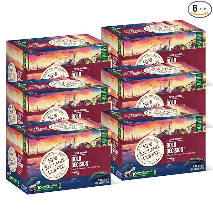 New England Coffee Bold Decision Dark Roast Single Serve Pods, 10ct Box (Pack of 6)