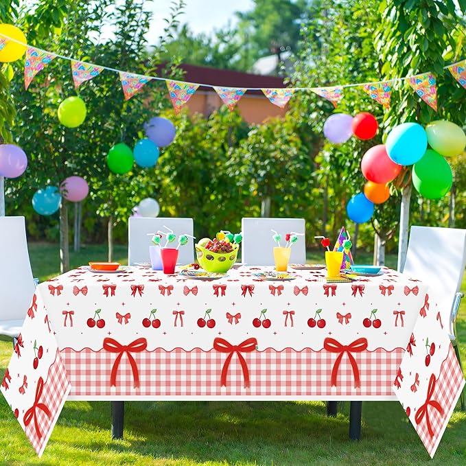3Pcs Bow Party Tablecloths - Red Cherry Party Table Covers Decorations Coquette Bow Rectangular Plastic Disposable Table Cloth Decor for Girls Women Kids Birthday Baby Shower Supplies