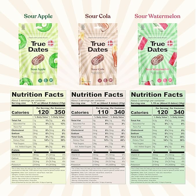 Candy Dates, Sour Flavor Variety, 3-3.5 Ounce Bags (Sour Apple, Sour Cola, Sour Watermelon) - Dates With Candy Flavor, Vegan, No Added Sugar, Gluten Free