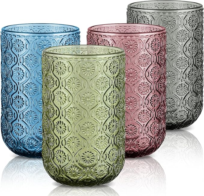 Joeyan Vintage Drinking Glasses,Embossed Floral Highball Glass Water Tumbler,14 oz Colored Beverages Juice Cocktail Beer Wine Glassware Cups,Set of 4,Dishwasher Safe