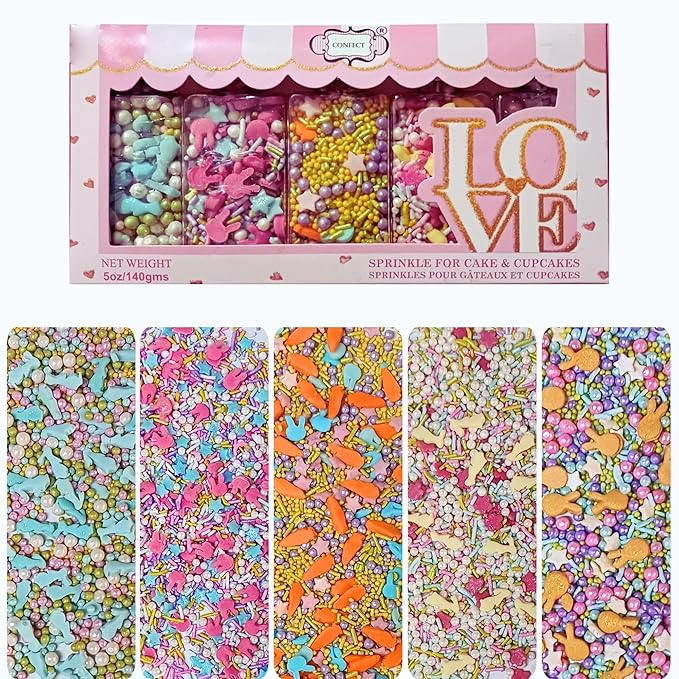 Confect Easter Sprinkles Edible | Assorted pack of 5 White, Sky Blue, Pink, Yellow, Pearls, Easter Bunny & Vermicelli I Cookies, Desserts & cupcake Decorating | Edible Sprinkles Mix for Baking & Cake