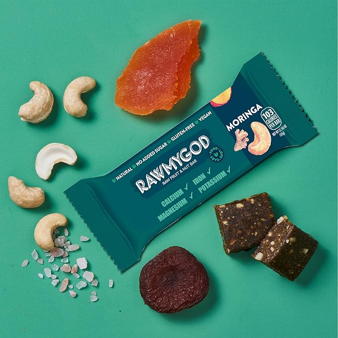 RAWMYGOD Fruit and Nut Bars, Gluten Free, Vegan, No Added Sugar (20 bars, Moringa)