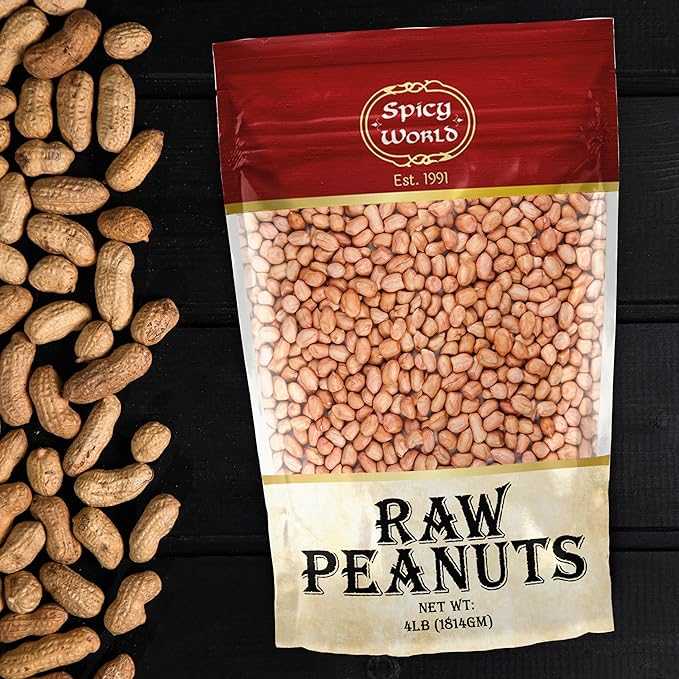 Spicy World Peanuts, Raw Whole With Skin (Uncooked, Unsalted) 4 Pound (64oz) ~ All Natural - USA Grown Red Skin Spanish Grade