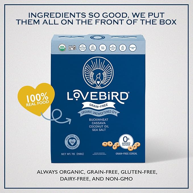 Lovebird Organic Gluten Free Cereal, Variety Pack??Prebiotic Fiber, Gut Health, Low Sugar, Grain Free, Breakfast or Snack ??Healthy Cereal Made With Real Food, 4 Pack, Kids & Adults