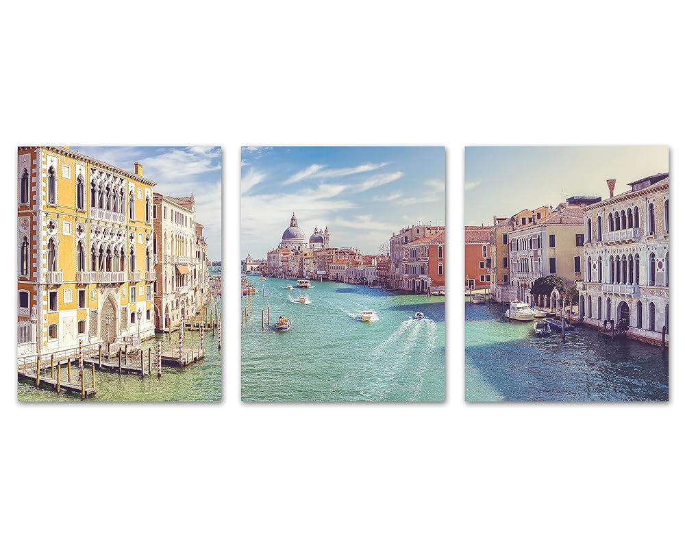 Venice Panoramic Photography Prints, Unframed, Set of 3, Boats, Canal, Coastal Home and Wall Decor, All Sizes (8x10)