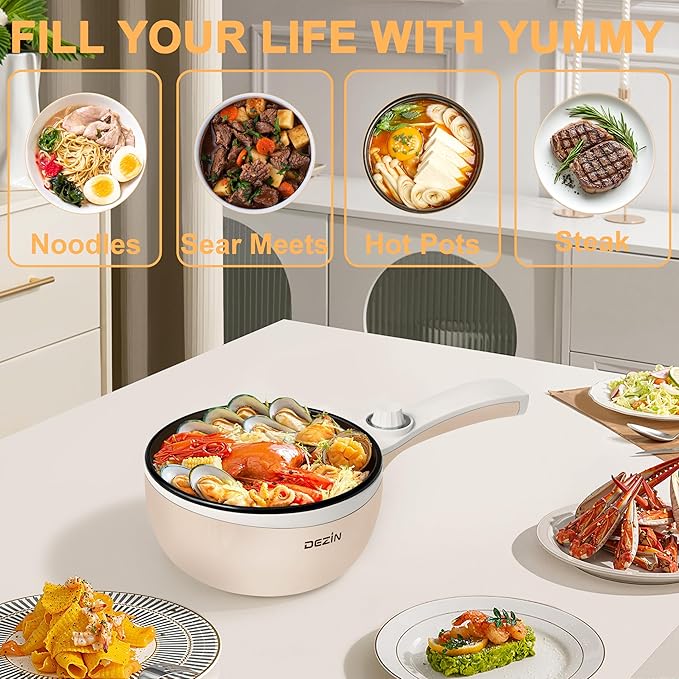 Dezin Hot Pot Electric Upgraded, Non-Stick Saut챕 Pan, Rapid Noodles Electric Pot, 1.5L Mini Portable Hot Pot for Steak, Egg, Fried Rice, Ramen, Oatmeal, Soup with Power Adjustment
