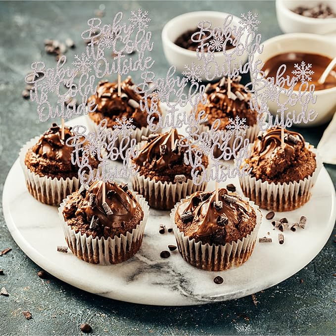 30 PCS Snowflake Baby It's Cold Outside Cupcake Toppers Glitter Winter Frozen Theme Snowflake Cupcake Picks for Winter Wonderland Baby Shower Birthday Party Cake Decorations Supplies Silver