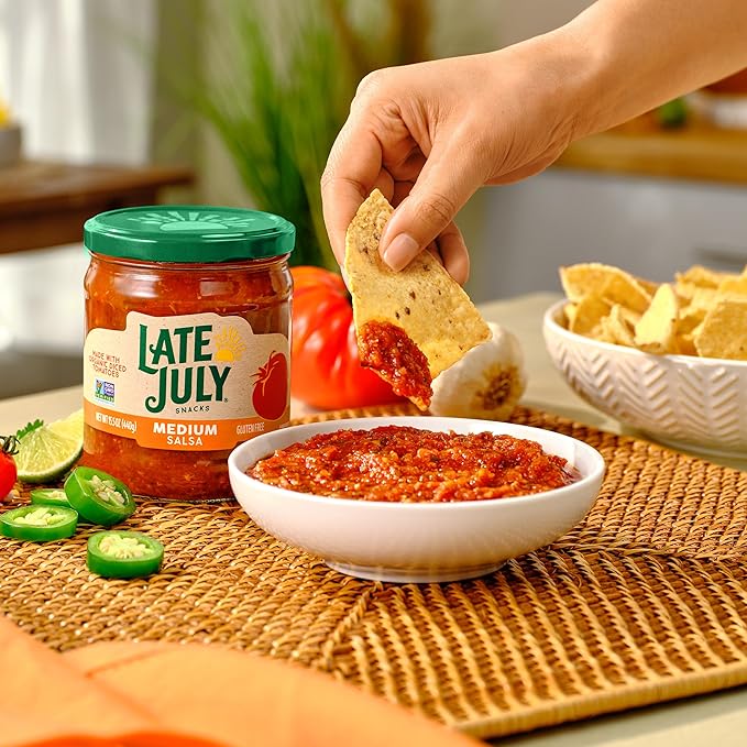 Late July Snacks Thin and Crispy Organic Tortilla Chips with Sea Salt, 10.1 oz Bag and Late July Snacks Medium Salsa, 15.5 oz Jar