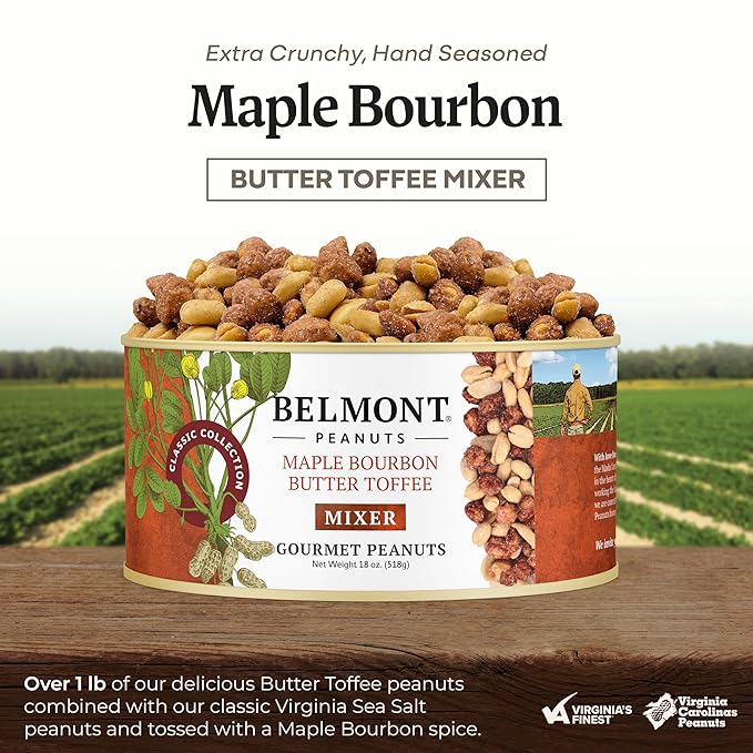 Belmont Peanuts Gourmet Maple Bourbon Butter Toffee Mixer with Maple Bourbon-Spiced Sea Salt and Butter Toffee Virginia Peanuts, 18 oz (1 Pack) ??Simple Ingredients, No Preservatives, Hand Seasoned