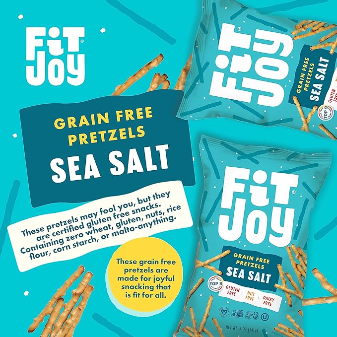 FitJoy Sea Salt Pretzels (Pack of 6, 5 Oz) - Dairy, Nut & Gluten Free Snacks - Grain Free Cassava Root & Chickpea Flour Vegan Pretzel Sticks - Classic Snack Pretzels for Moms, Children and More