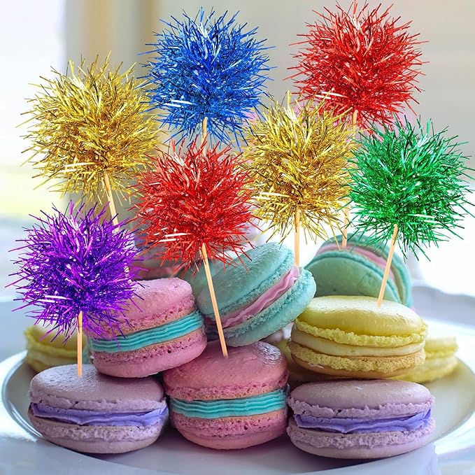 Chinco 100 Pcs Foil Firework Cupcake Toppers Sparkle Tinsel Cake Toppers Cake Decoration Cocktail Fruit Toothpick for Birthday Wedding Graduation Party(Bright Color)