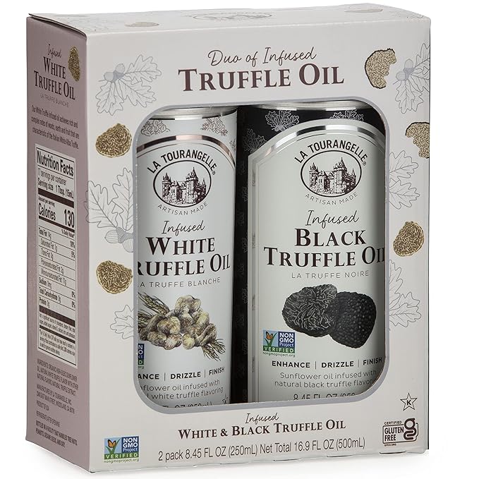 La Tourangelle, White Truffle Oil & Black Truffle Oil Set, Complex Gourmet Earthy Flavor for Drizzling over Pasta, Popcorn, Vegetables, Potatoes, Soup and More, Gift Box, 8.45 Fl Oz Each (Set of 2)