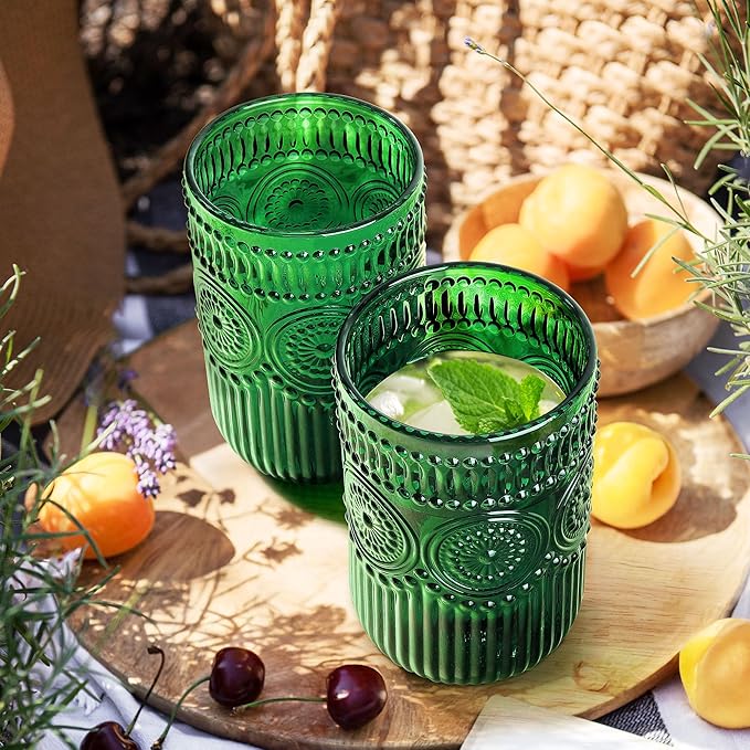Joeyan Vintage Drinking Glasses Set of 4,14 oz Green Embossed Sunflower Beaded Highball Glass Water Tumbler Cups,Colored Romantic Glassware for Beverages Cocktail Juice Wine,Dishwasher Safe