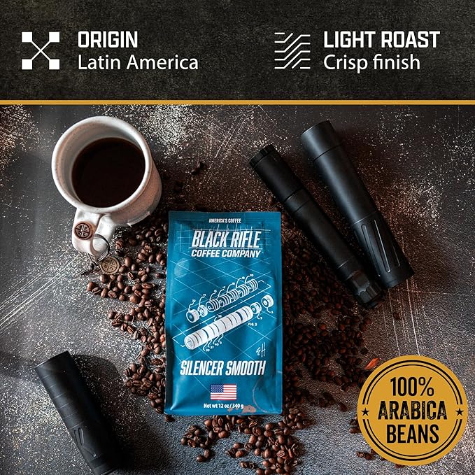 Black Rifle Coffee Company Ground Coffee Light Roast - Roasted Blend Made from Pure Arabica Beans - Colombian & Brazilian Beans - Veteran Founded & American Made (Silencer Smooth, 12oz Bag)
