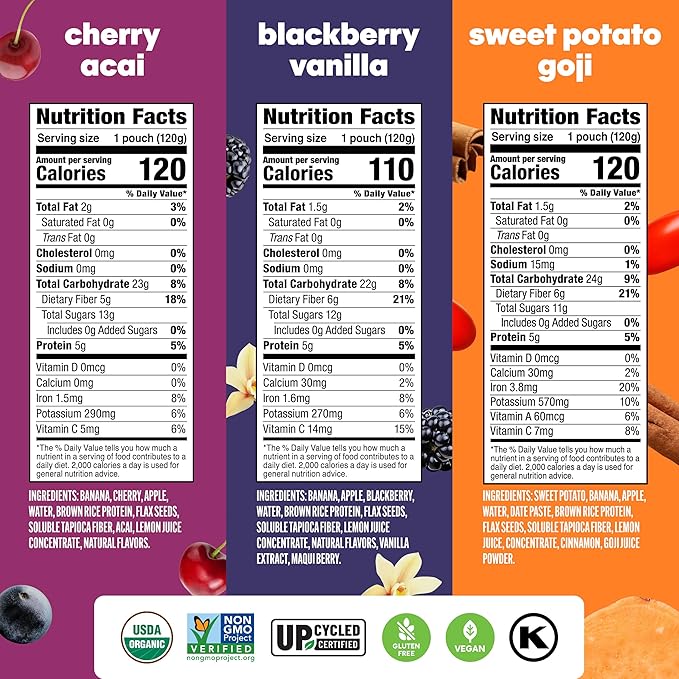 Noka Superfood Fruit Smoothie Pouches Variety Pack, Healthy Snacks with Flax Seed, Plant Protein and Prebiotic Fiber, Vegan and Gluten Free Snacks, Made in USA, Organic Squeeze Pouch, 4.22 oz, 12 Count