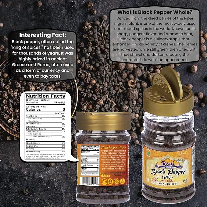 Rani Black Pepper Whole (Peppercorns), Premium MG-1 Grade 3oz (85g) PET Jar ~ All Natural | Gluten Friendly | Non-GMO | Kosher | Product of Vietnam | Perfect size for Grinders!