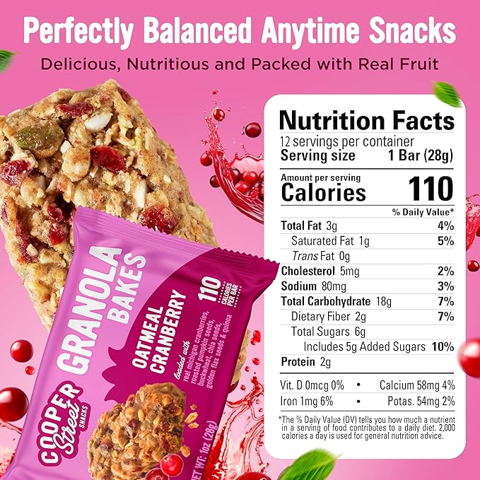 Cooper Street Oatmeal Cranberry Granola Bakes (48 Count) ??Individually Wrapped Soft and Chewy Granola Bars Bulk ??Low Sodium, Nut & Dairy Free - Perfect As Healthy Bulk Office or Classroom Snacks