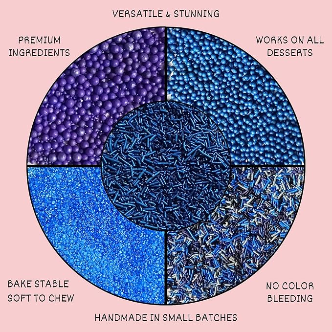 Confect Edible Cake Sprinkles ??Decorating Mix | Navy & Blue Purple Pearls, Silver & Black Jimmies, Blue Sparkling Sugar | Sprinkles for Cake, Cupcake & Cookie Decoration - Vegan, Gluten-Free, Nut-Free, Soy-Free, Dairy-Free, Palm Oil-Free-5 Oz