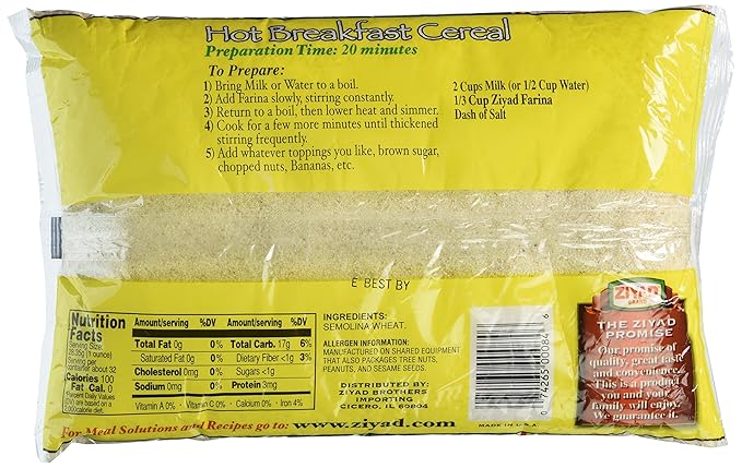 Ziyad Premium Quality Farina ??Finely Ground, Smooth Wheat Cereal ??High Fiber, No Cholesterol/Salt ??Vitamin-Enriched, Vegan ??Quick 30 Min Prep ??Versatile for Sweet & Savory Dishes,32oz