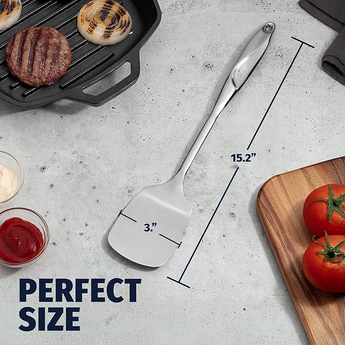 Zulay Kitchen Premium Stainless Steel Metal Spatula - Cooking Spoon Turner - Durable Cooking Utensil with Ergonomic, Easy to Use Handle - Easy to Clean, Perfect for at Home Cooks & Chefs - 15??,<div>