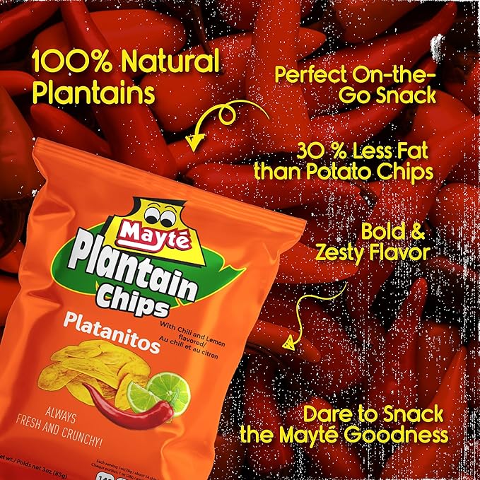 Mayté Plantain Chips – Chili Lemon, 30 Individual Packs (3oz Each) – Non-GMO, Gluten-Free, Kosher, Healthy Snacks – No Preservatives or Artificial Colors