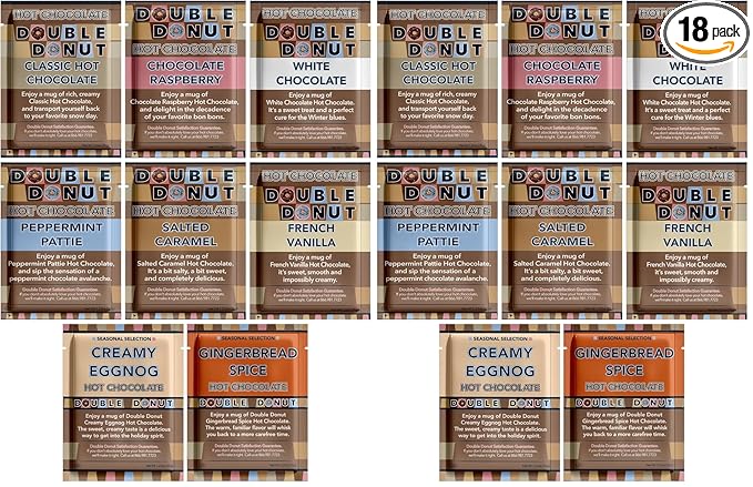 Double Donut Flavored Hot Chocolate Packets Variety Pack, 9 Count Includes Classic, Chocolate Raspberry, Salted Caramel, Peppermint, Eggnog & Gingerbread (Pack of 2)