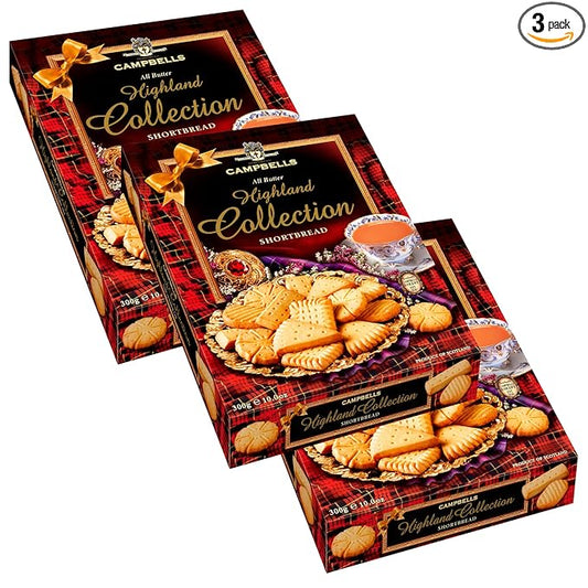 Campbells Shortbread All-Butter Highland Collection Cookies Assortment 10.58 Oz (Pack of 3) - Scottish Shortbread Cookies from Scotland, Assorted Gift Box, British Tea Biscuits, Scottish Snacks