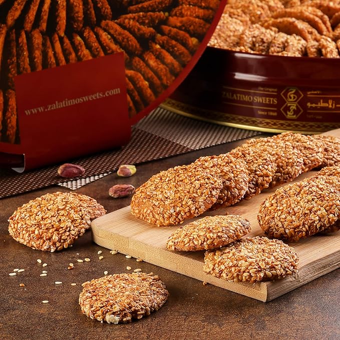 Zalatimo Sweets Since 1860, 100% All Natural Sesame Biscuits, Round Gift Tin, Slightly Sweet Cookies with No Preservatives, No Additives, No Starches, No Syrups! 1.65Lbs