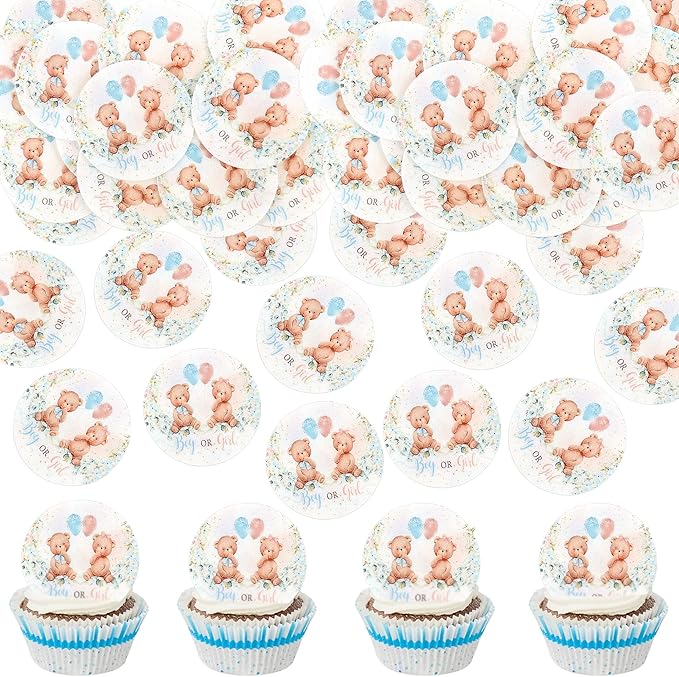 40Pcs Edible Gender Reveal Bear Cupcake Toppers Wafer Paper Boy or Girl Baby Shower Cake Decorative Supplies Jungle Animal Theme Birthday Party Cake Decorative Supplies