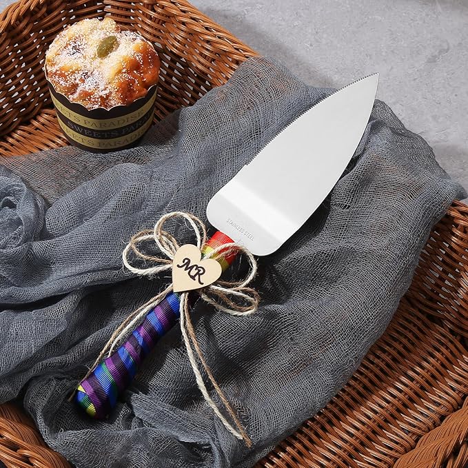 TANG SONG Set of 2 Mr & Mr Rainbow Gay Pride Flag LGBT Wedding Cake Knife and Serving Set with Rainbow Silk Ribbon and Heart Shaped Wood Tag Design Wedding Cake Knife (Set of 2)