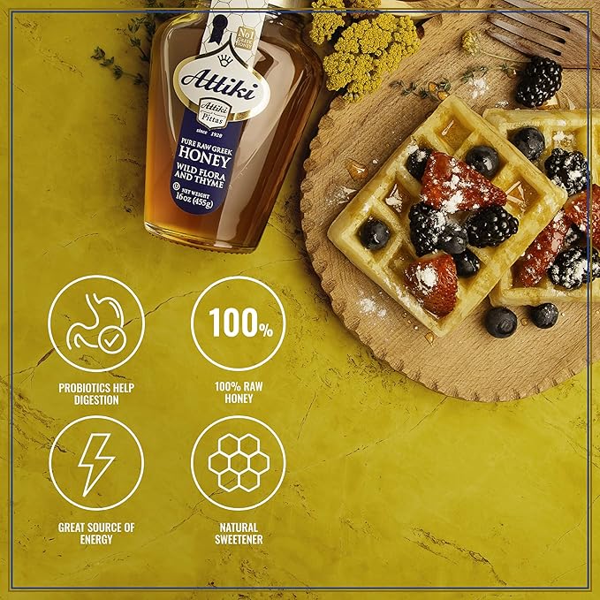 Attiki Pure Greek Honey with Wild Flora and Thyme, Perfect for Baking, Cooking, Lemonade and Tea, 16 oz (453 grams), Glass Jar
