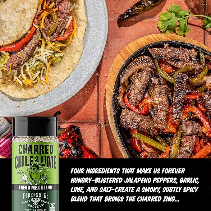 Fire & Smoke Society Charred Chile & Lime Mexican Seasoning | Jalapeno Peppers, Garlic, Salt and Lime | Grilled Chicken, Fish, Flank Steak, Shrimp, Potatoes, Avocados | M 6.8 oz