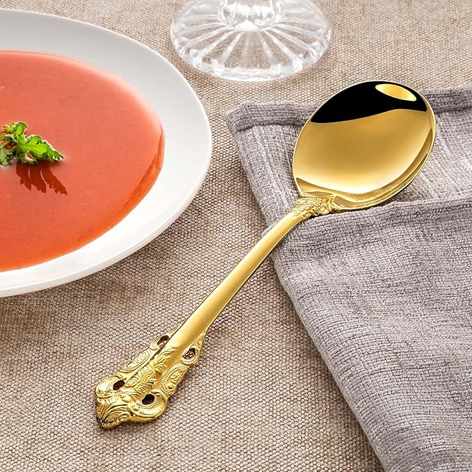 KEAWELL Gorgeous Round Soup Spoon, Set of 4, 18/10 Stainless Steel, Luxury Bouillon Spoon, Dishwasher Safe, Fine Mirror Polished (Gold)