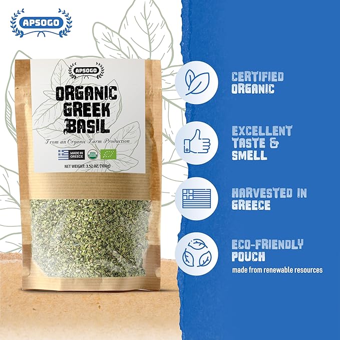 APSOGO Organic Dried Basil - Greek Basil Leaves for Cooking, Pure & Aromatic Herb Seasoning - 3.52oz Pouch – All-Natural Mediterranean Spice