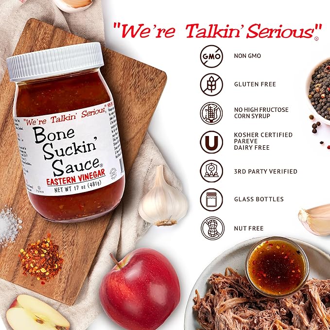 Bone Suckin??Sauce Eastern Vinegar BBQ Sauce, Authentic Carolina Flavor, Zesty, Vinegar-Based Flavor, For Chicken, Pork, Beef, Potatoes Gluten-Free, Non-GMO, Kosher (1 Count)