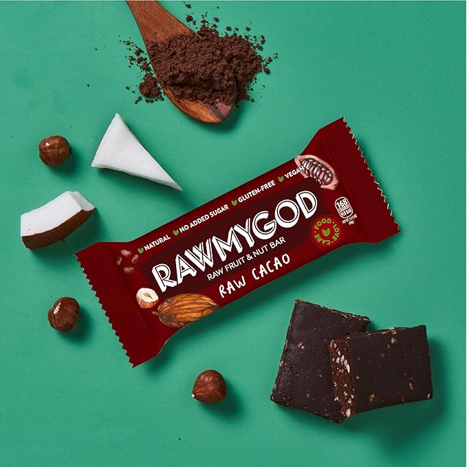 RAWMYGOD Fruit and Nut Bars, Gluten Free, Vegan, No Added Sugar (16 bars, Raw Cacao)