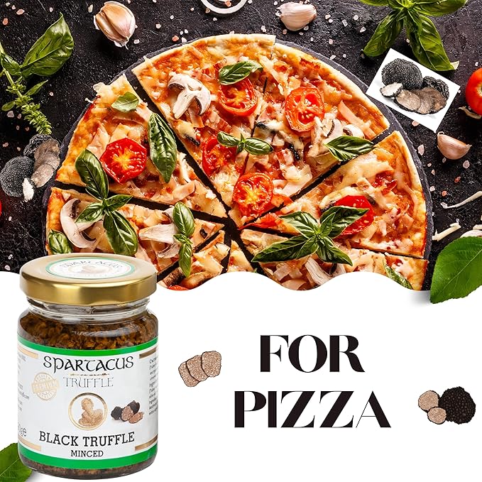 Spartacus Black Truffles Preserved in Extra Virgin Olive Oil - Perfect Gourmet Seasoning for Pizza, Pasta, Salads, Potatoes, Meat and Eggs - Vegan and Gluten Free (3.17 oz)