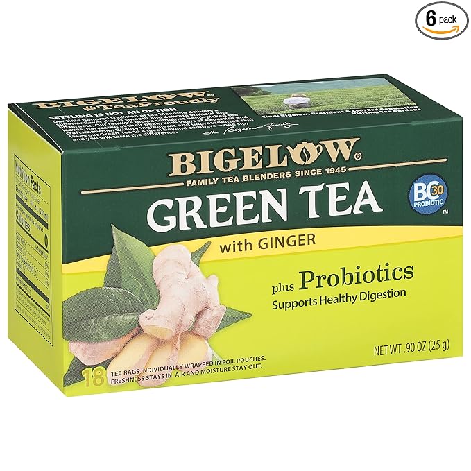 Bigelow Tea Green Tea with Ginger Plus Probiotics, Caffeinated Tea with Ginger, 18 Count Box, (Pack of 6), 108 Total Tea Bags