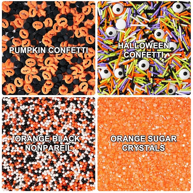 Halloween Sprinkles 4 Cell Candy Eyeballs, Pumpkin Confetti, Orange Sanding Sugar, Orange White Black Nonpareils Jimmies & Sugar Pearls | Cake Cookie Cupcake Decorations for Halloween Party Baking Supplies 6.5oz