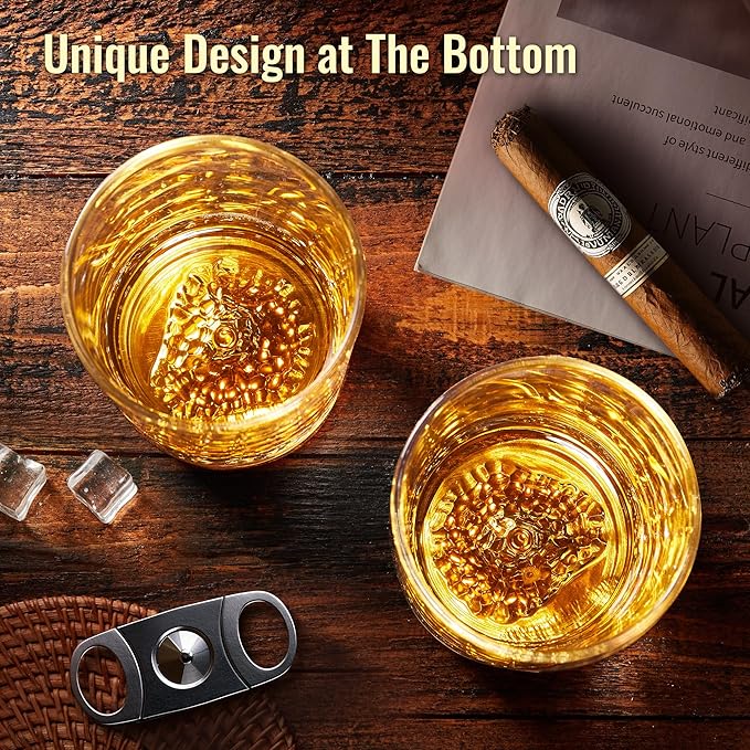 Whiskey Glasses Set of 6 with Unique Raised Mountain Base, Premium Crystal Bourbon Scotch Glass for Men Dad, Solid Old Fashioned Glass Lowball Glasses Rocks Glasses -12Oz