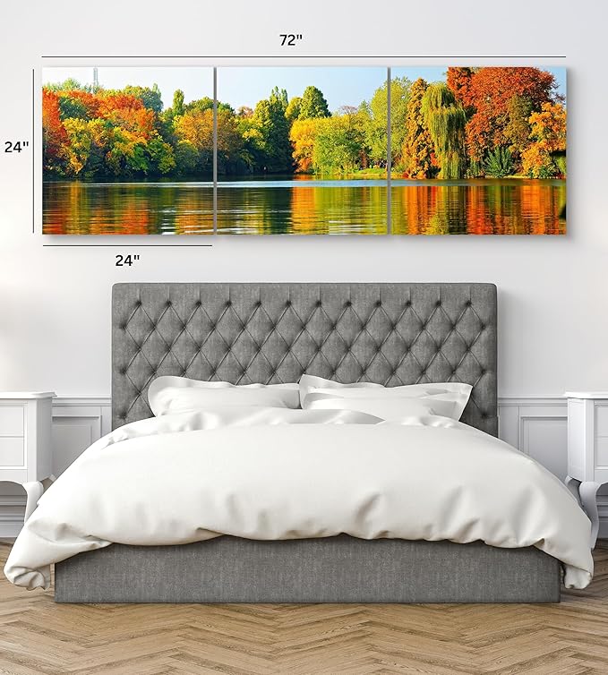 Fall Forest Lake Landscape Canvas Wall Art Decor - 24x24 3 Piece Set (Total 24x72 inch) - Large Decorative & Modern Multi Panel Split Prints for Dining & Living Room, Kitchen, Bedroom & Office
