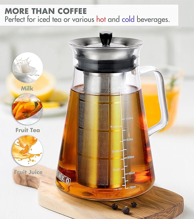 Aquach 34 Oz Cold Brew Coffee & Iced Tea Maker ??Airtight Lid, Dishwasher Safe, Borosilicate Glass Caraf