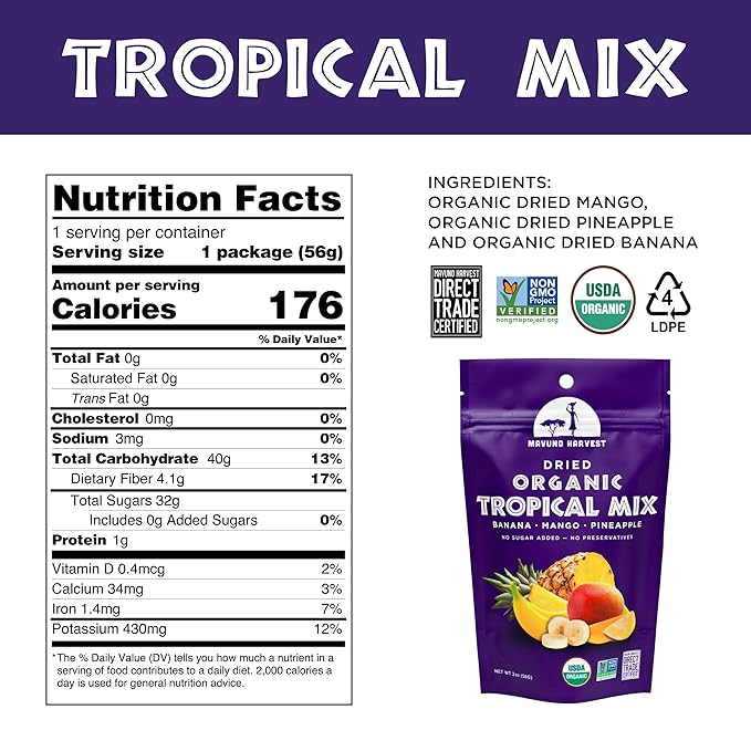 Mavuno Harvest Tropical Mix Dried Fruit Snack | Unsweetened Organic Mixed Dried Fruit | Gluten Free Healthy Snacks for Kids and Adults | No Sugar Added, Vegan, Non GMO | 2 Ounce, Pack of 6