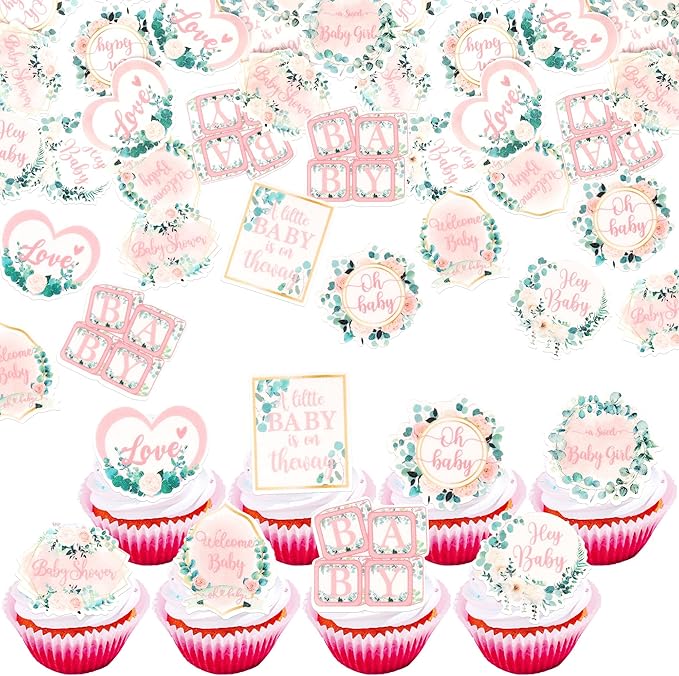 64 PCS Edible Baby Shower Cupcake Toppers Wafer Paper Floral Leaves Welcome Baby Girl Cupcake Picks Edible Love Baby in Bloom Cake Decorations for Gender Reveal Theme Girls Birthday Party Supplies